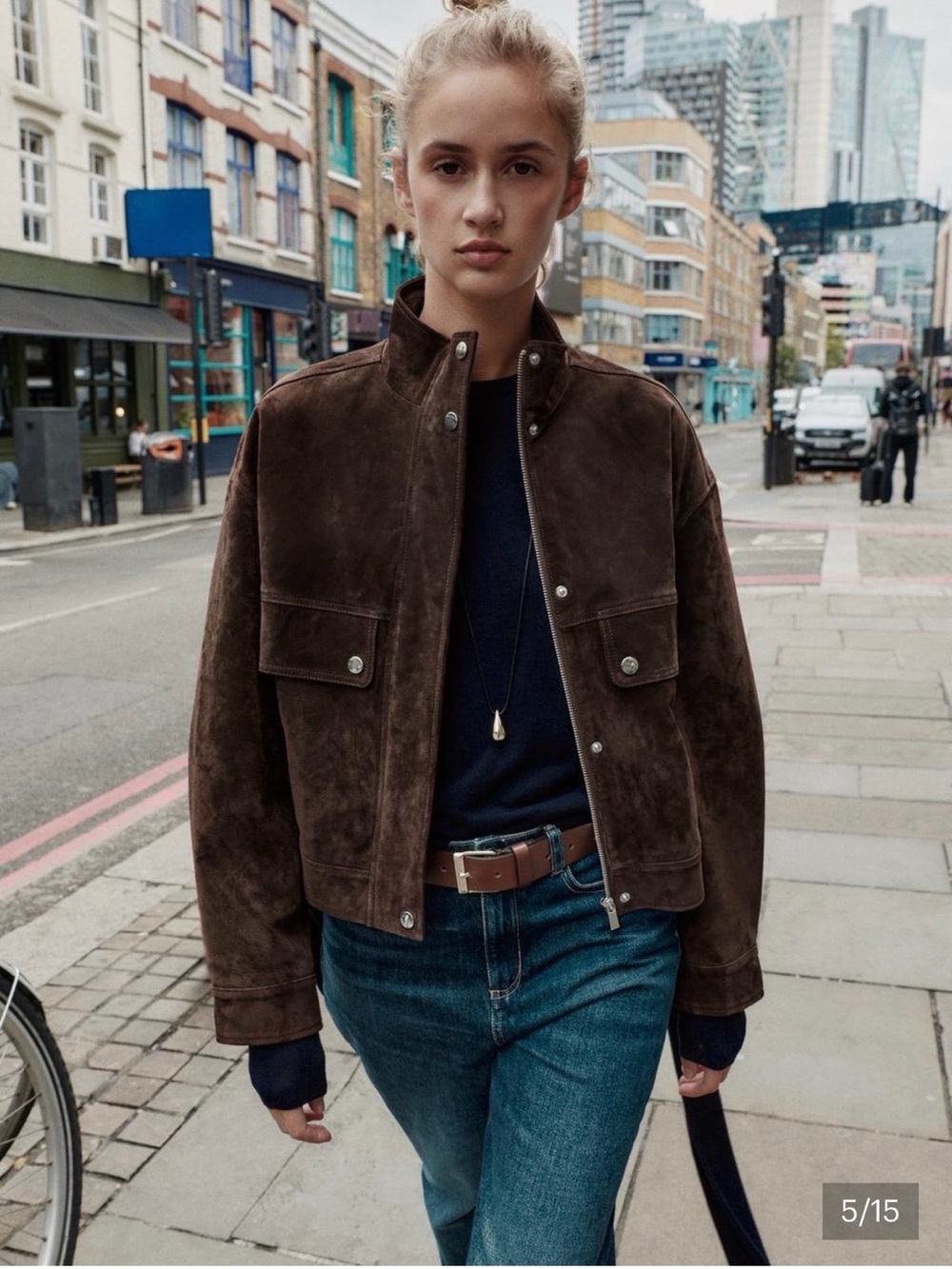 ZARA Suede Bomber Jacket in Chocolate Brown